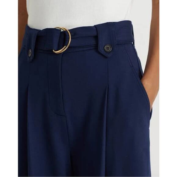 Ralph Lauren Belted Pleated Ponte Cropped Pant | Womens M, Navy Blue NEW $165 - Picture 5 of 7